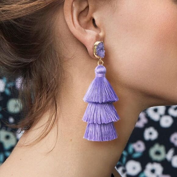 14K Yellow Gold with Lavender Silk Thread Tassel and Quartz Druzy Post Earrings - Picture 3 of 8
